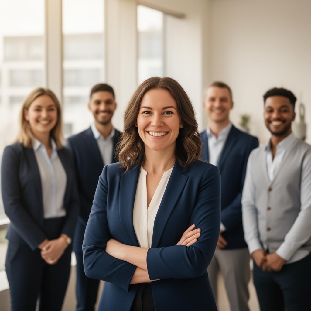 Small business team smiling together in a modern office